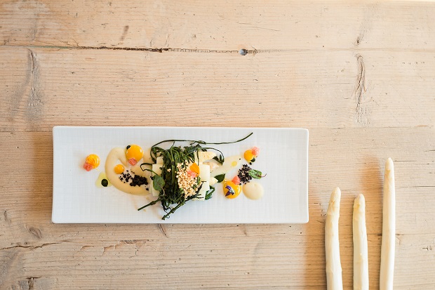 Insalata di asparagi di terlano con luppolo selvatico e maionese al pompelmo rosa